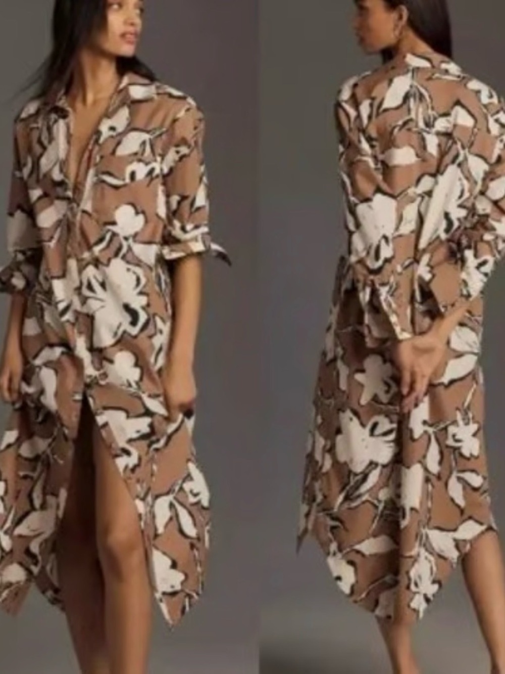 Anthropologie Maeve Soren Brown Floral Button-Front Midi Shirt Dress